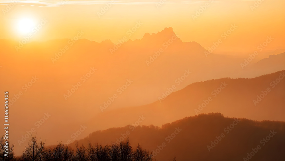 A softly glowing, mist-shrouded sunset casts a serene light on the towering mountains beneath. A softly glowing, mist-shrouded sunset casts a serene light on the towering mountains beneath.