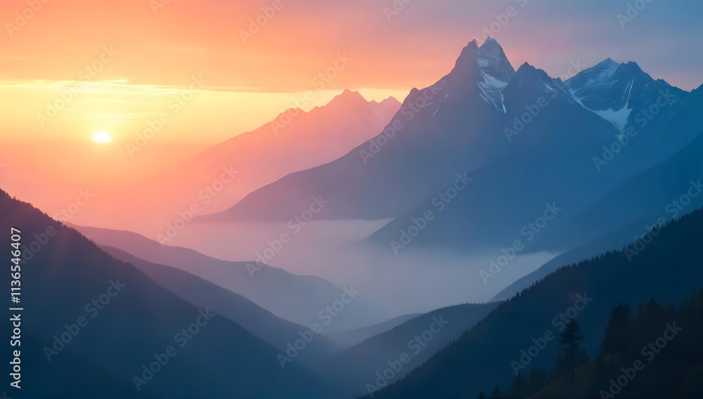 Obraz premium A softly glowing, mist-shrouded sunset casts a serene light on the towering mountains beneath.