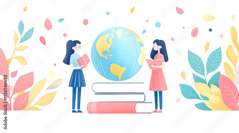 Girls reading books with globe. Girls reading books with globe.