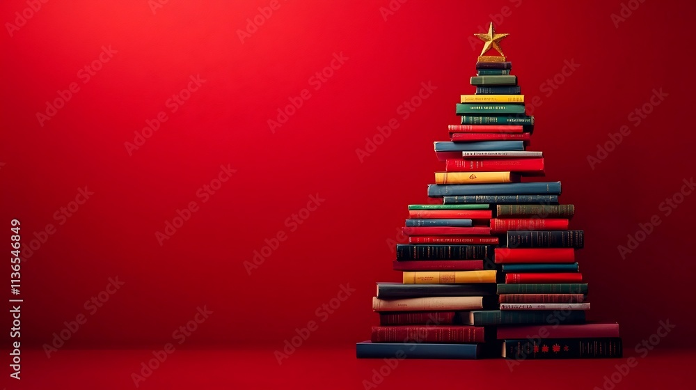 Colorful Christmas Tree Made from Stacked Books on Red Background Colorful Christmas Tree Made from Stacked Books on Red Background