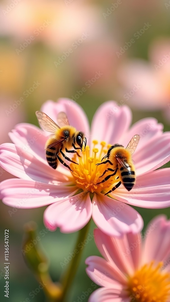 A bee collects nectar from flowers in the spring A bee collects nectar from flowers in the spring