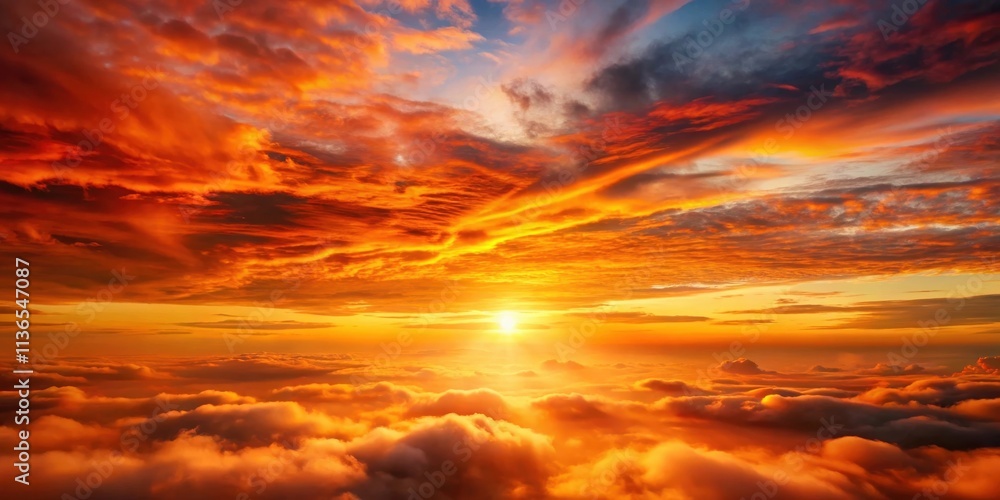 Fototapeta premium Fiery Sunset Above a Sea of Clouds A Stunning Aerial View of Nature's Golden Hour