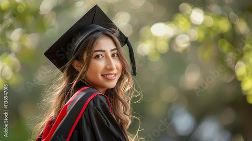 Graduation Day Joy: A radiant young woman, adorned in a graduation cap and gown, beams with pride and excitement as she celebrates her academic achievement against a backdrop of lush greenery.  