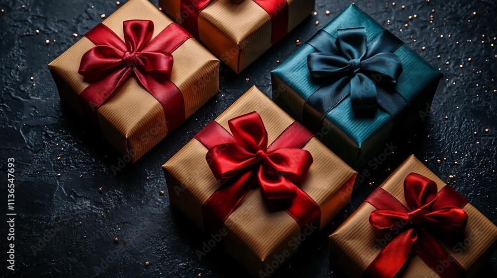 Elegant Dark Giftboxes with Satin Ribbons and Bows for Holiday or Birthday Elegant Dark Giftboxes with Satin Ribbons and Bows for Holiday or Birthday