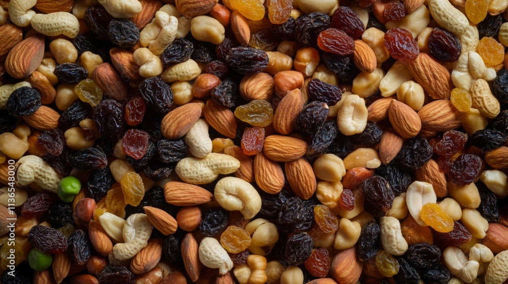 Create a vibrant image showcasing a mix of almonds, walnuts, cashews, peanuts, hazelnuts, dried prunes, and raisins. 