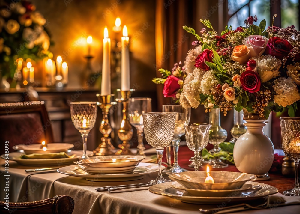 Low Light Formal Dinner Table Setting, Elegant Candles Flowers, Romantic Ambiance Photography Low Light Formal Dinner Table Setting, Elegant Candles Flowers, Romantic Ambiance Photography