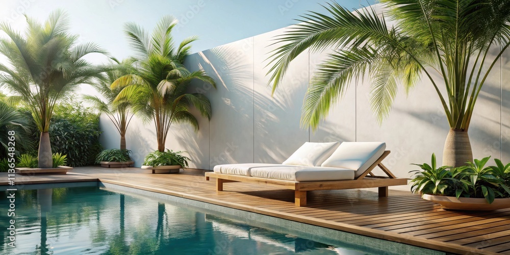 Fototapeta premium Serene Poolside Relaxation Wooden Deck, Lush Tropical Plants, and Comfortable Lounge Chairs