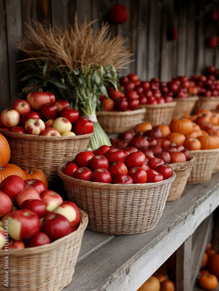 Baskets of fresh apples at a rustic farm stand Baskets of fresh apples at a rustic farm stand