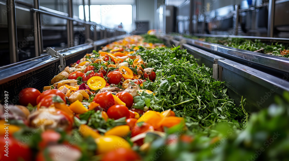 Fresh vegetables and herbs are beautifully arranged in processing facility, showcasing vibrant colors and textures. scene captures essence of healthy food preparation and sustainability Fresh vegetables and herbs are beautifully arranged in processing facility, showcasing vibrant colors and textures. scene captures essence of healthy food preparation and sustainability