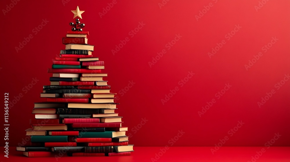 Creative Christmas Tree Made from Stacked Books on Red Background Creative Christmas Tree Made from Stacked Books on Red Background