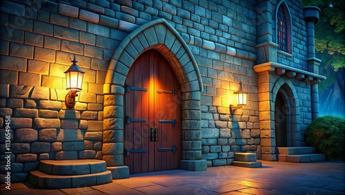 Low Light Photography of a 3D Cartoon Stone Castle Wall Featuring a Door: A Clean and Simple Design That Evokes Fantasy and Whimsy Perfect for Backgrounds and Illustrations