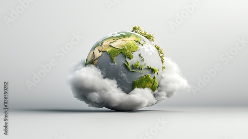 A floating tiny planet Earth with a prominent view of Southeast Asia, encased in surreal cloud layers, vivid greenery, environmental conservation tone, ultra-realistic textures, 8K resolution, 
