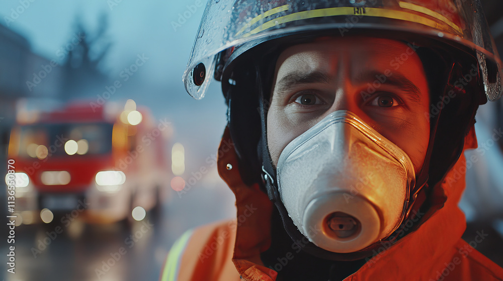 A firefighter in an orange uniform and protective gear stands in rain, showcasing determination and readiness. background features an emergency vehicle, emphasizing urgency of situation A firefighter in an orange uniform and protective gear stands in rain, showcasing determination and readiness. background features an emergency vehicle, emphasizing urgency of situation