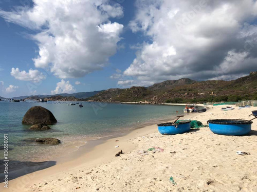 The basketboat is parked on the beach of Binh Lap Cam Ranh, Khanh Hoa Province photo