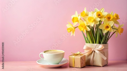 Wallpaper Mural A delightful morning scene featuring a cup of coffee, a small gift, and a bouquet of cheerful yellow daffodils arranged on a pink surface. Torontodigital.ca