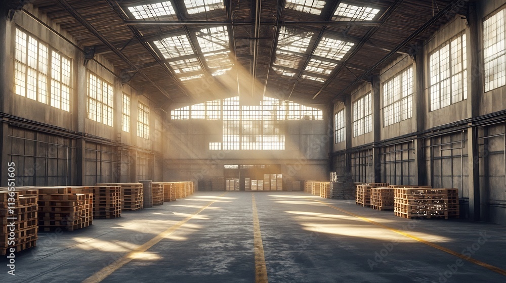 Vast Empty Industrial Warehouse with Wooden Pallets and Sunlight Beams Vast Empty Industrial Warehouse with Wooden Pallets and Sunlight Beams