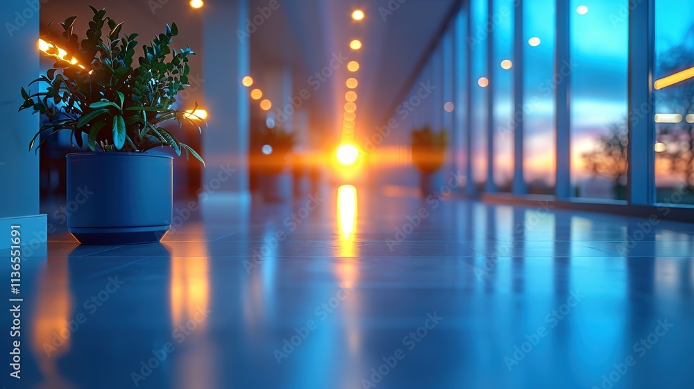 Potted plant sits in a hallway with a large window behind it Potted plant sits in a hallway with a large window behind it