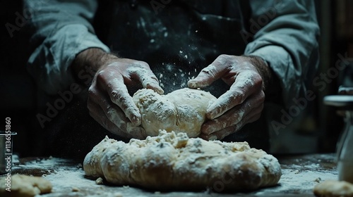 Skilled Hands Kneading Dough for Homemade Bread and Pastries on Dark Background