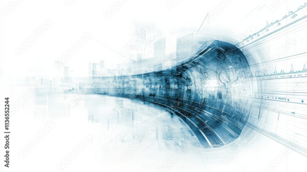Obraz premium A futuristic tunnel with a smooth, curved design, featuring glowing blue elements that suggest speed and technology in a digital landscape.