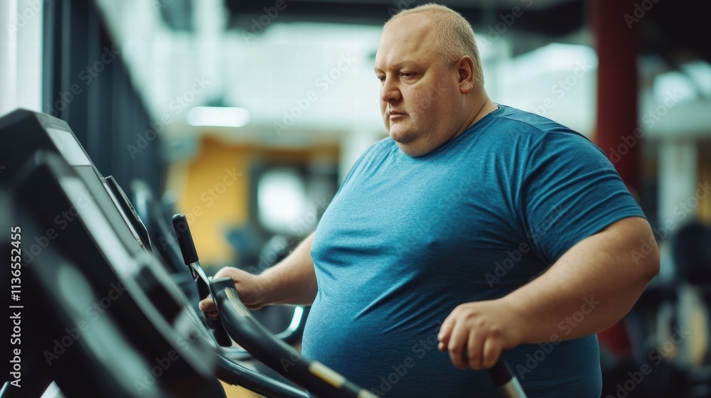 overweight man exercising on treadmill at gym overweight man exercising on treadmill at gym