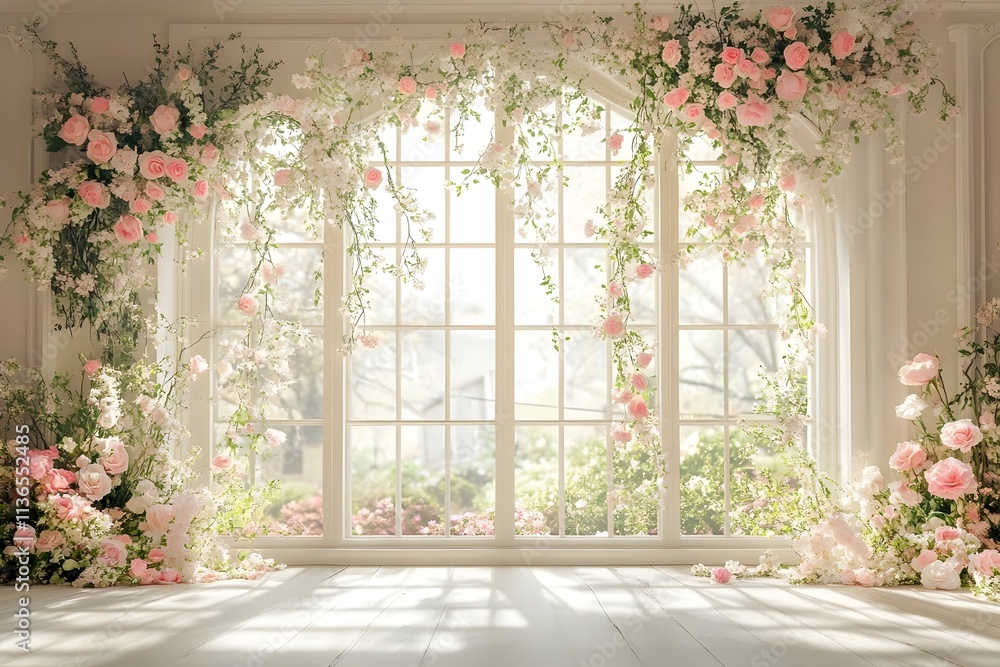 Background wedding with floral and the view outside from windows generative AI Background wedding with floral and the view outside from windows generative AI