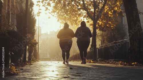 two women walking at sunset photo