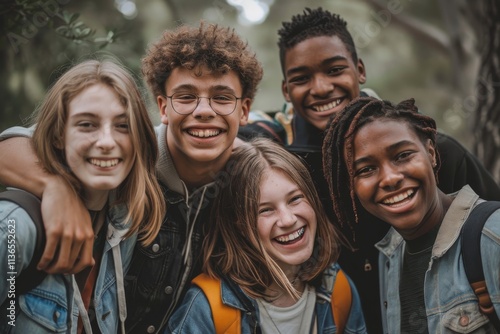 Joyful group of diverse teenagers smiling together outdoors, showcasing friendship and happiness in nature during a candid moment of youth, unity, and connection.