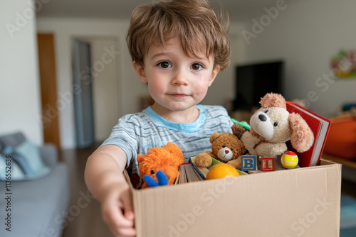 Donation, charity concept. Kid holding carboard box with toys and books for donations photo