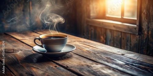 Aromatic coffee steaming in a cup on a rustic wooden table near a sunlit window photo