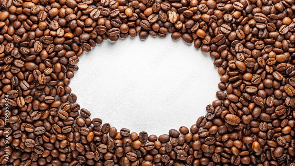 Circular frame of roasted coffee beans on white background, perfect for text or logo placement Circular frame of roasted coffee beans on white background, perfect for text or logo placement
