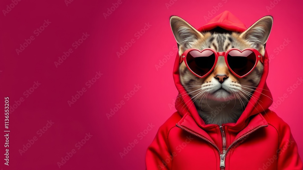 Cats fashionably dressed in vibrant red hoodies with heart-shaped sunglasses against a pink backdrop Cats fashionably dressed in vibrant red hoodies with heart-shaped sunglasses against a pink backdrop