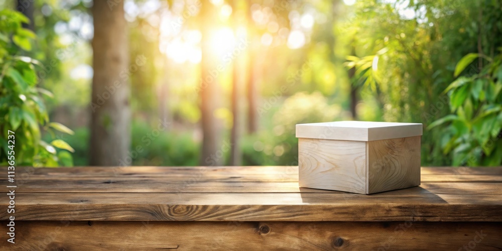 Rustic wooden box on a table outdoors in a sunlit forest setting Rustic wooden box on a table outdoors in a sunlit forest setting
