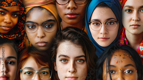 Faces of Diversity: A powerful collection of diverse women's faces, each with their unique story and perspective, representing the beauty and strength of global unity. photo