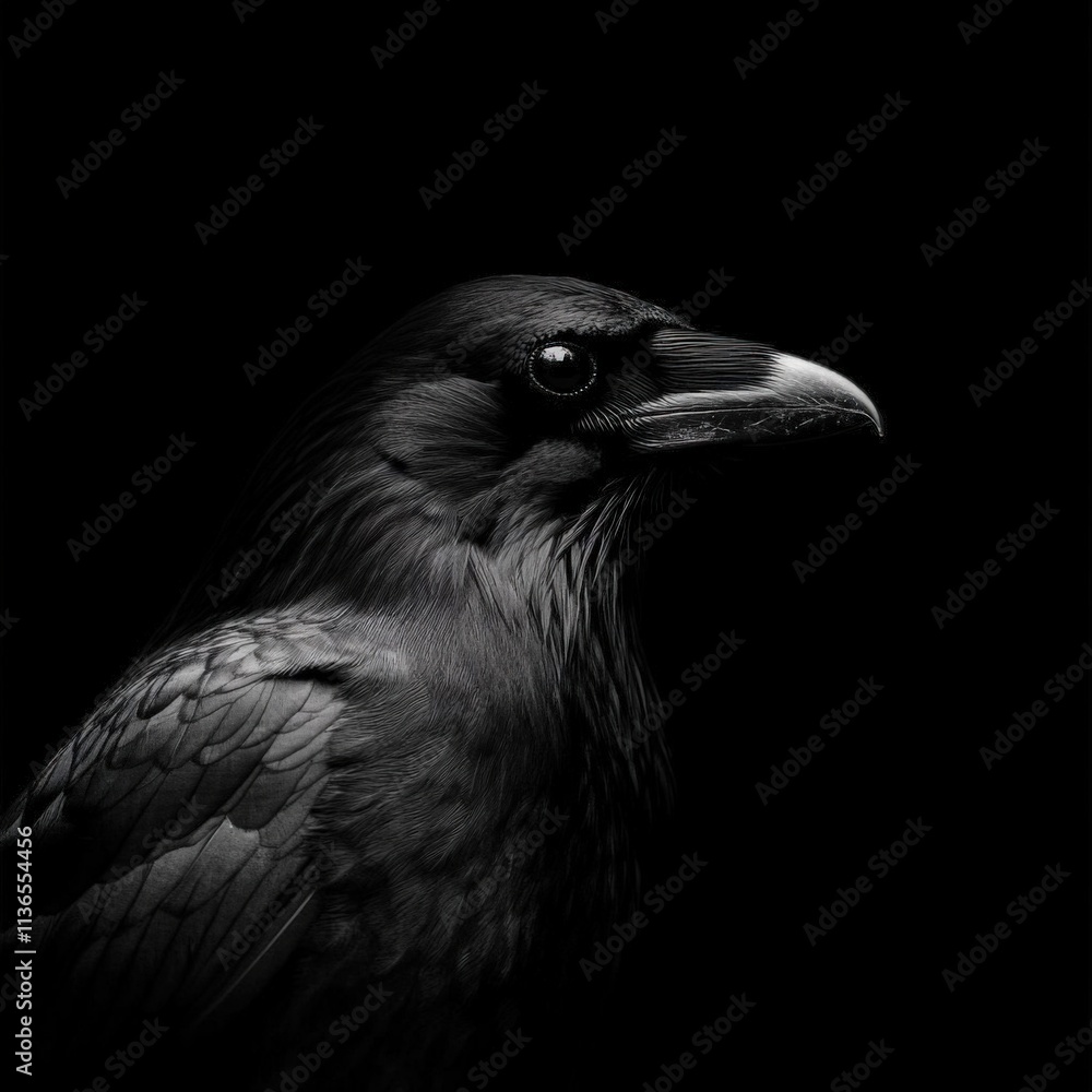 Black and White Portrait of a Raven in Shadow Black and White Portrait of a Raven in Shadow