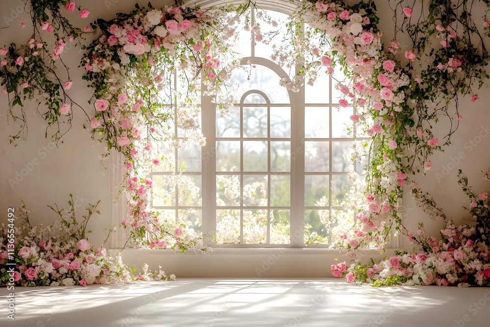 Background wedding with floral and the view outside from windows generative AI Background wedding with floral and the view outside from windows generative AI
