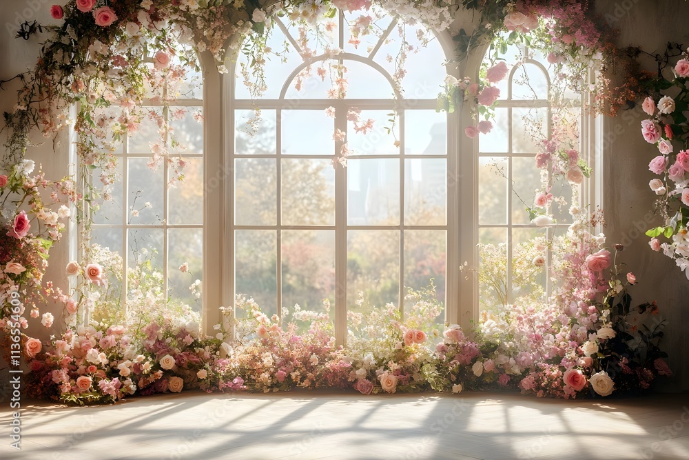Background wedding with floral and the view outside from windows generative AI Background wedding with floral and the view outside from windows generative AI