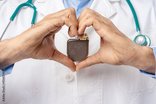 Professional doctor holding pacemaker, selective focus on hands, closeup. Cardiology concept photo