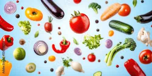Fresh vegetables in dynamic motion create a lively culinary atmosphere