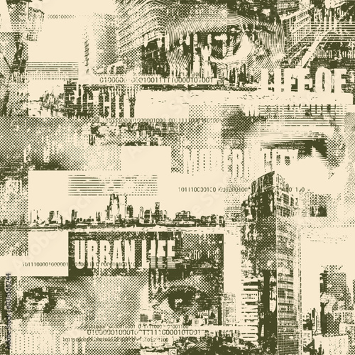 Abstract seamless pattern with newspaper headlines, concerned human eyes, urban landscapes. Chaotic vector background on the theme of city life in retro style. Wallpaper, wrapping paper, fabric design