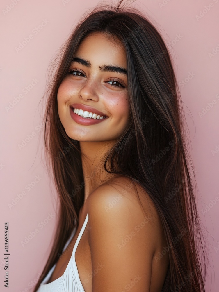 Radiant Indian Woman Wearing White Top Smiling Against Pink Studio Backdrop Radiant Indian Woman Wearing White Top Smiling Against Pink Studio Backdrop