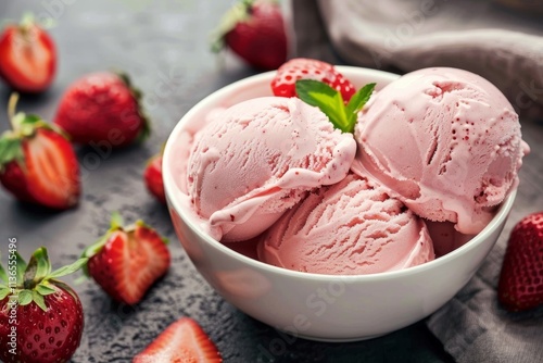 Creamy Strawberry Ice Cream Scoops in White Bowl Surrounded by Fresh Strawberries on Rustic Tabletop for Summer Dessert Delight