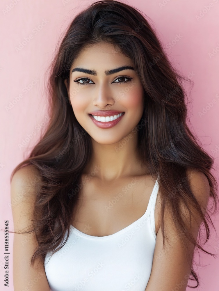 Radiant Indian Woman Smiling Confidently in Studio Setting with Glamorous Lighting Radiant Indian Woman Smiling Confidently in Studio Setting with Glamorous Lighting