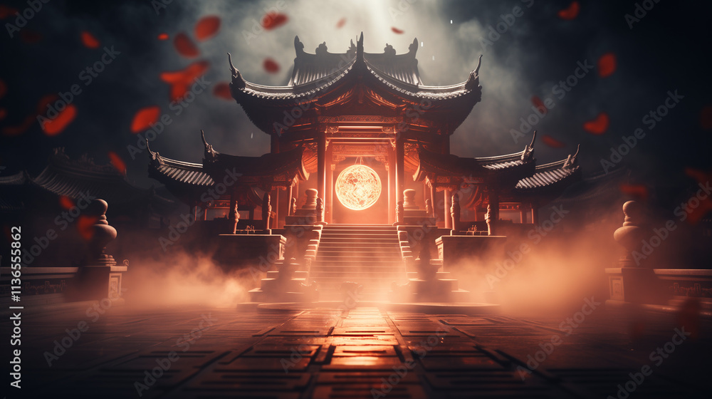 Obraz premium Mystical temple illuminated by full moon during Chinese New Year with floating petals in the air