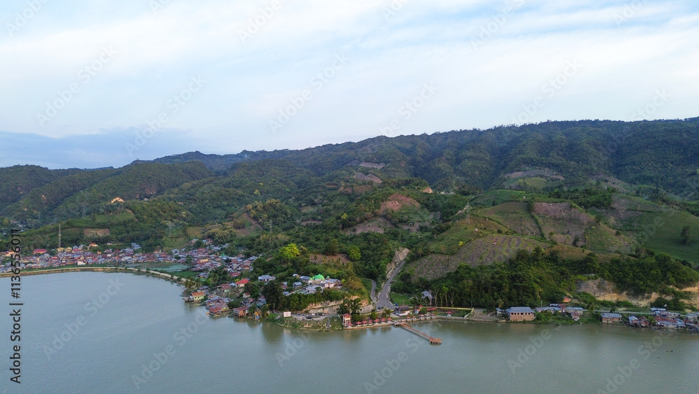 Fototapeta premium Aerial view of the village in the middle of the lake.
