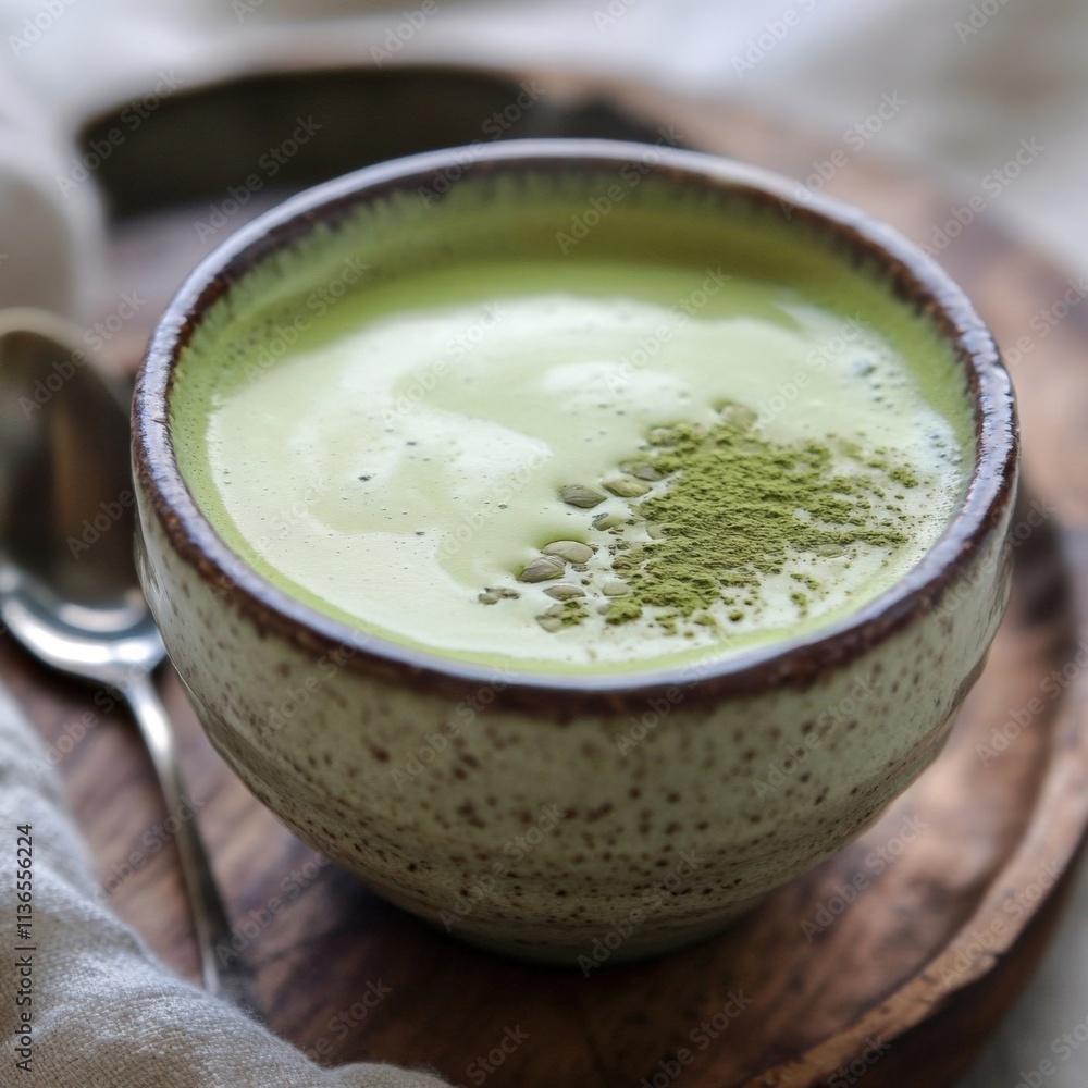 Creamy Matcha Latte in Rustic Ceramic Mug with Wooden Tray Creamy Matcha Latte in Rustic Ceramic Mug with Wooden Tray