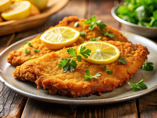 Macro Photography: Golden Breaded Schnitzel, Lemon, Crispy Texture, Food Photography