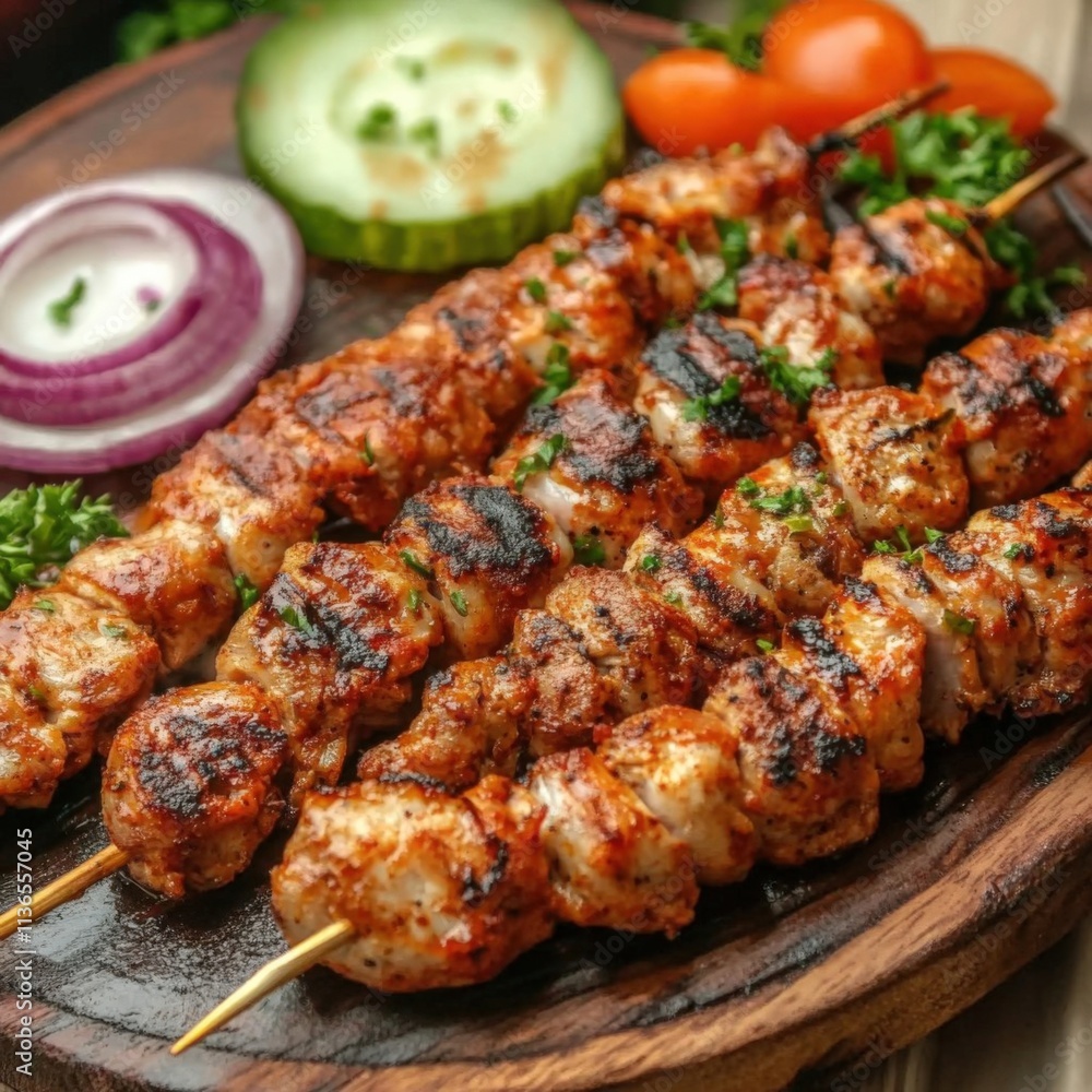 Grilled Chicken Skewers on Rustic Wooden Plate with Fresh Vegetables Grilled Chicken Skewers on Rustic Wooden Plate with Fresh Vegetables