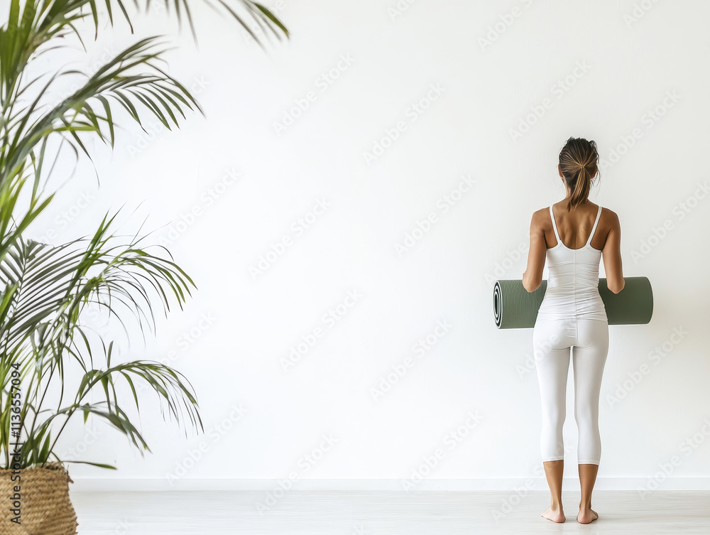 woman in white activewear stands with yoga mat in serene space, surrounded by greenery, ready for peaceful yoga session woman in white activewear stands with yoga mat in serene space, surrounded by greenery, ready for peaceful yoga session