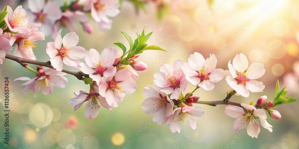 Fototapeta premium Delicate pink blossoms on a branch bathed in soft sunlight, a springtime scene of natural beauty