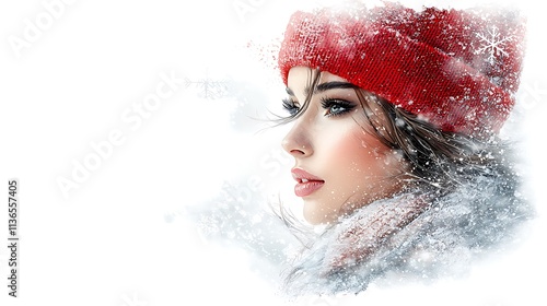 Watercolor clipart illustration of a stunning woman dressed in stylish pink winter clothing, framed by snowflakes on a white background, 